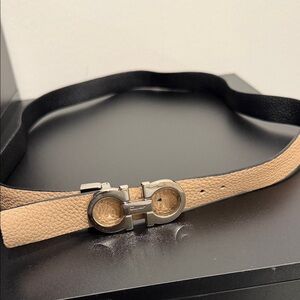 Salvatore Ferragamo Black and Tan Leather Belt with Silver Buckle